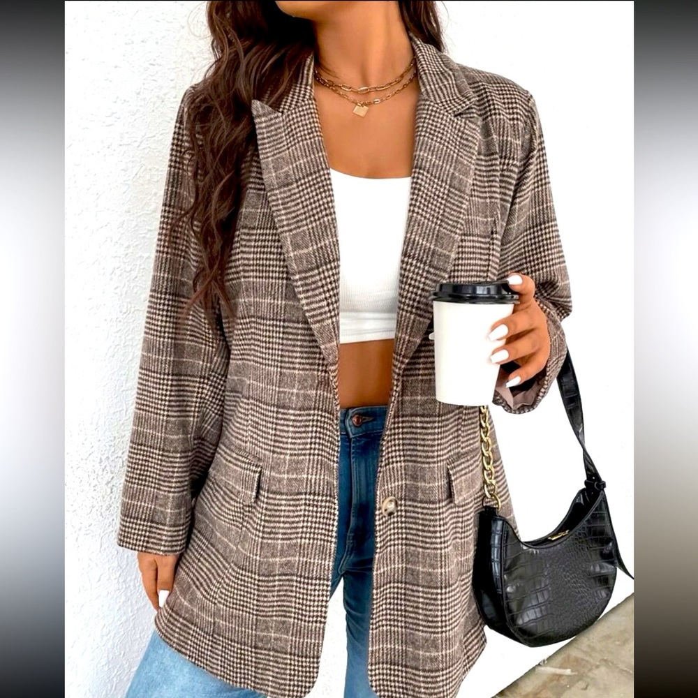 SHEIN EZwear Plus Glen Plaid Single Breasted Blazer